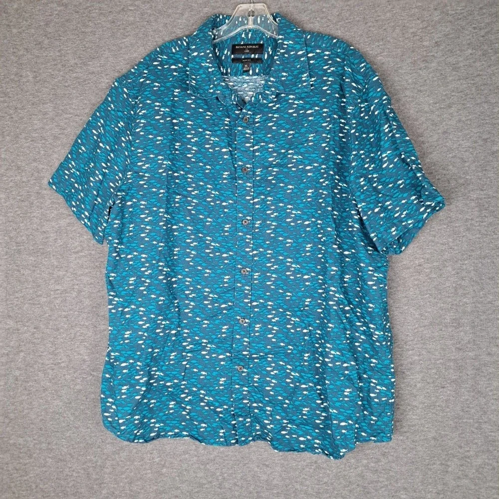 Banana Republic Shirt Men XL Multi Fish AOP Linen Slim Fit Short Sleeve
